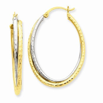14k Two-tone Diamond-cut Polished Oval Hoop Earring, Jewelry Earrings