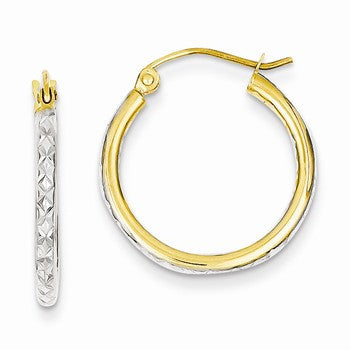 14k Yellow Gold Diamond-Cut Rhodium 2.0mm Fancy Hoop Earrings