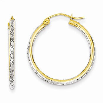 14k Yellow Gold Diamond-Cut Rhodium 2.0mm Fancy Hoop Earrings