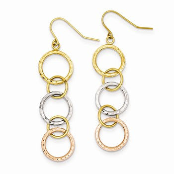 14k Tri-Color Diamond-cut Circle Dangle Earrings