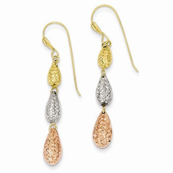 14k Tri-color Puff Teardrop Dangle Earrings