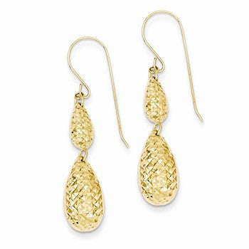 14k Yellow Gold Puff Teardrop Dangle Earrings