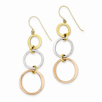 14k Tri-color Triple Circle Dangle Earrings