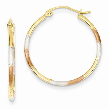 14k Yellow Gold with White & Rose Rhodium Diamond-cut 2x25mm Hoop Earrings