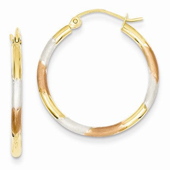 14k Yellow Gold with White & Rose Rhodium Diamond-cut 2x25mm Hoop Earrings