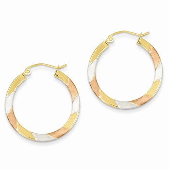 14k Yellow Gold with White & Rose Rhodium Diamond-cut 1.5x25mm Hoop Earrings