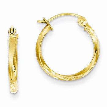 14k Yellow Gold Satin Diamond-cut Hollow Twisted Hoop Earrings