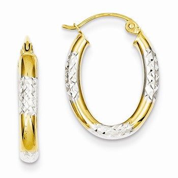 14k Yellow Gold Rhodium 3mm Diamond-cut Oval Hollow Hoop Earrings