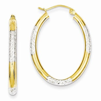 14k Yellow Gold Rhodium 3mm Diamond-cut Oval Hollow Hoop Earrings