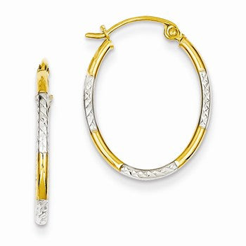 14k Yellow Gold Rhodium Diamond-cut Oval Hoop Earrings