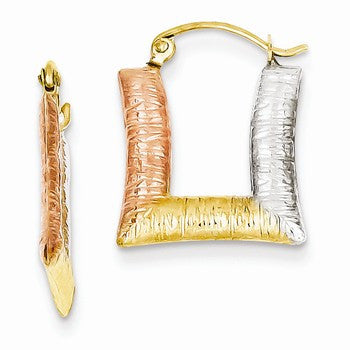 14k Yellow Gold with White & Rose Rhodium Hollow Textured Square Hoop Earrings
