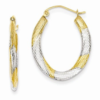 14k Yellow Gold Rhodium Textured Hollow Oval Hoop Earrings