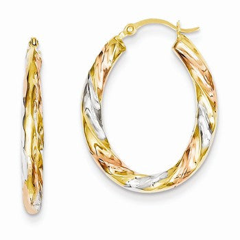 14k Yellow Gold with White & Rose Rhodium Oval Hollow Scallop Hoop Earrings