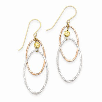 14k Tri-color Diamond-cut Open Ovals Dangle Earrings