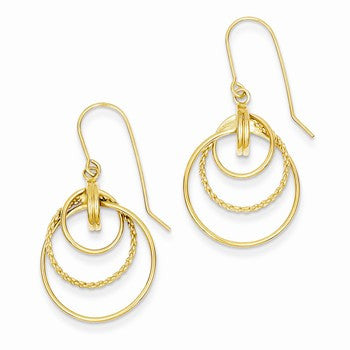 14k Yellow Gold Polished & Textured Circle Dangle Earrings