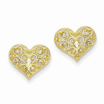 14k Yellow Gold Rhodium Fancy Heart Post Earrings