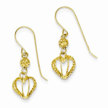 14k Yellow Gold Diamond-cut Heart Cage Shepherd Hook Earrings
