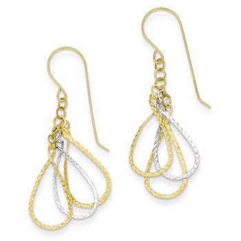 14k Two-tone Diamond-cut Tear Drop Shepherd Hook Earrings