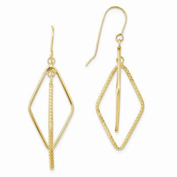 14k Yellow Gold Polished & Textured Diamond-shape Dangle Earrings