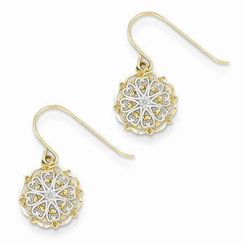 14k Yellow Gold Rhodium Polished & Textured Dangle Earrings