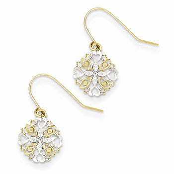 14k Yellow Gold Rhodium Polished & Textured Dangle Earrings