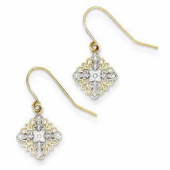 14k Yellow Gold Rhodium Polished & Textured Dangle Earrings