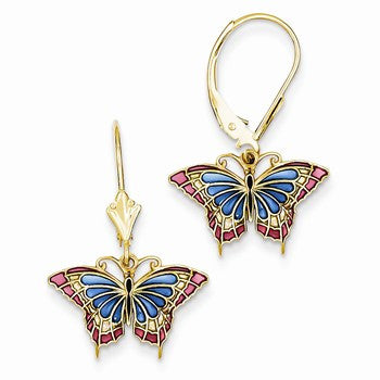 14k Yellow Gold Butterfly w/ Blue Stained Glass Leverback Earrings