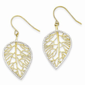 14k Yellow Gold Rhodium Leaf Drop Earrings