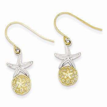 14k Yellow Gold Rhodium Starfish w/S& Dollar Shepherd Hook Earrings