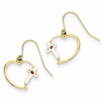 14k Yellow Gold Heart w/Enameled Cross Earrings