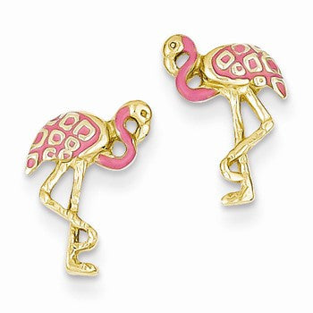 14k Yellow Gold Pink Enameled Flamingo Post Earrings