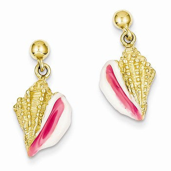 14k Yellow Gold Pink White Enameled Conch Shell Dangle Post Earrings