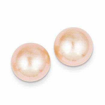 14k Yellow Gold 11-12mm Pink Button Cultured Pearl Stud Earrings