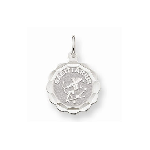 14k White Gold Satin Polished Engravable Sagittarius Zodiac Scalloped Disc Pendant, Pendants for Necklace