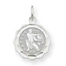 14k White Gold Satin Polished Engravable Aquarius Zodiac Scalloped Disc Charm hide-image