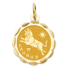 14k Gold Satin Polished Engravable Taurus Zodiac Scalloped Disc Charm hide-image