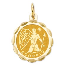 14k Gold Satin Polished Engravable Scorpio Zodiac Scalloped Disc Charm hide-image