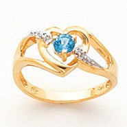 14k Yellow Gold Diamond & Blue Topaz Birthstone Heart Ring