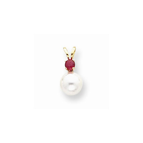 14k Gold 7mm White Cultured Pearl & .17ct. Ruby Pendant, Pendants for Necklace