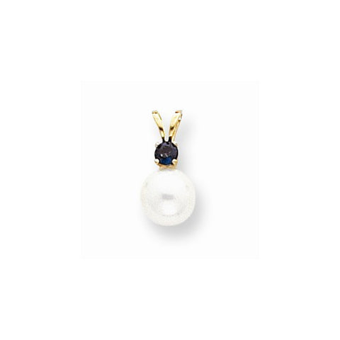 14k Gold 7mm White Cultured Pearl & Sapphire Pendant, Pendants for Necklace