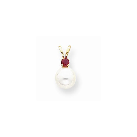 14k Gold 6mm White Cultured Pearl & .10ct. Ruby Pendant, Pendants for Necklace
