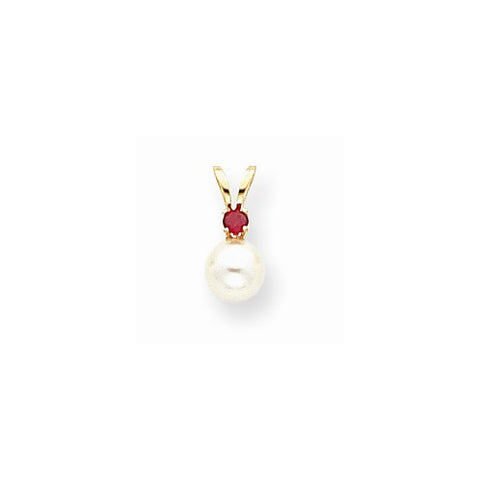 14k Gold 5mm White Cultured Pearl & Ruby Pendant, Pendants for Necklace