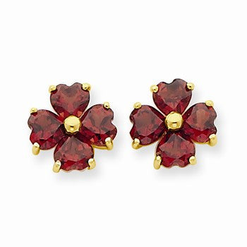 14k Yellow Gold Heart-shaped Garnet Flower Post Earrings