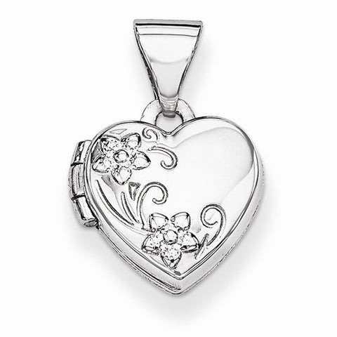14k White Gold Polished Heart-Shaped Floral Locket