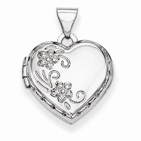 14k White Gold Polished Heart-Shaped Reversible Floral Locket