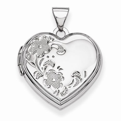 14k White Gold Polished Heart-Shaped Floral Locket