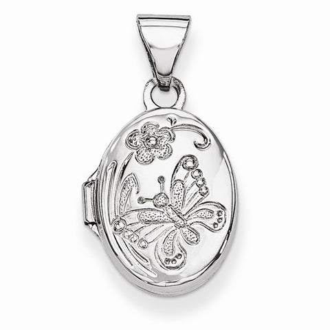 14k White Gold Polished Butterfly Oval Locket