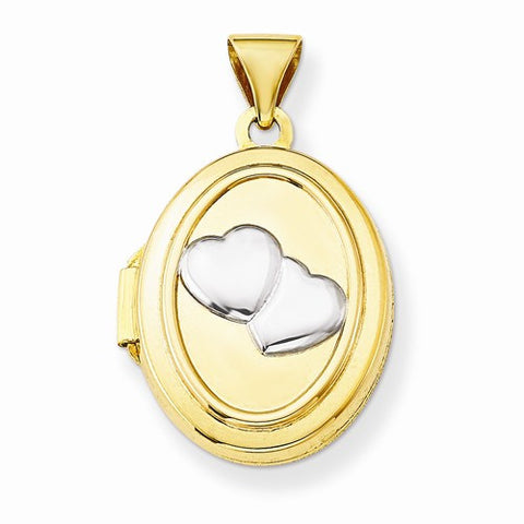 14k Gold Rhodium 2 Hearts 17mm Oval Locket