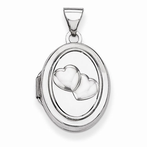 14k White Gold 17mm Double Hearts Oval Locket