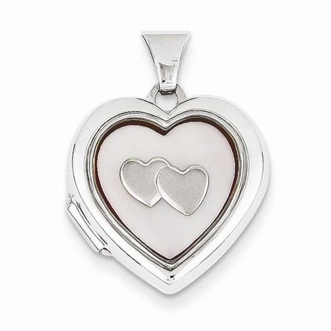 14k White Gold Pink MOP with 2 Hearts 18mm Heart Locket